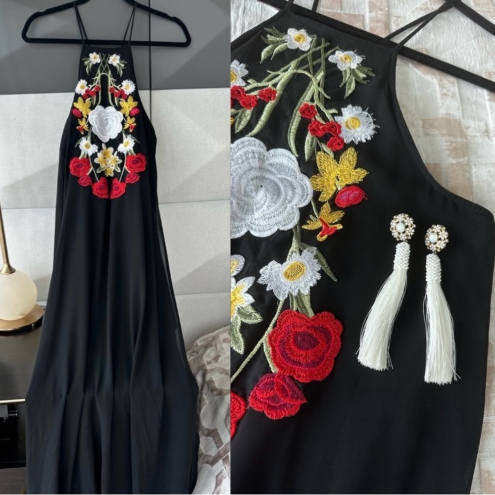 Gianni Bini Black Maxi Dress Floral Embroidery